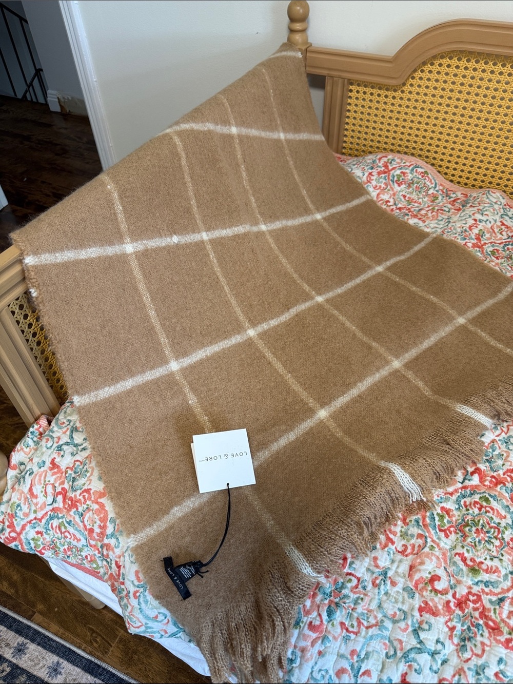 Love & Lore Camel Plaid Fringe Wrap Scarf